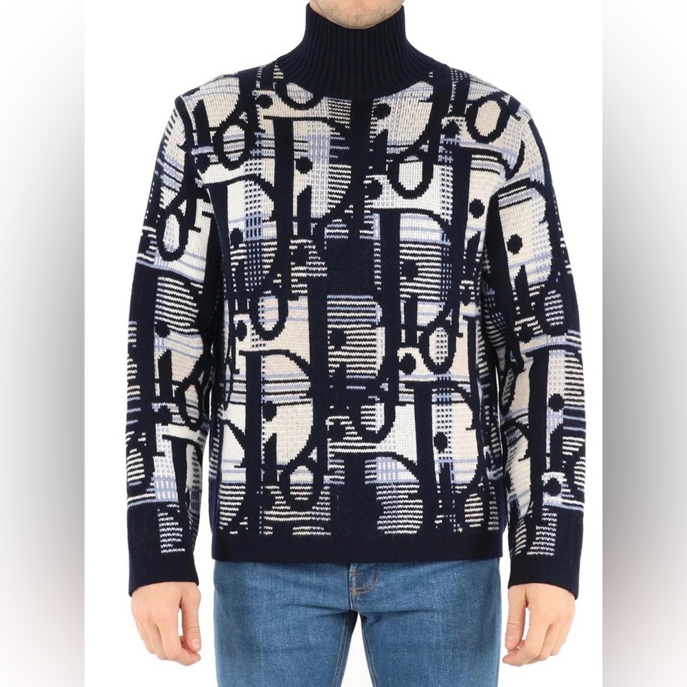 Dior Homme Oblique High Neck Knit Tartan Plaid Sweater Black White Blue Medium